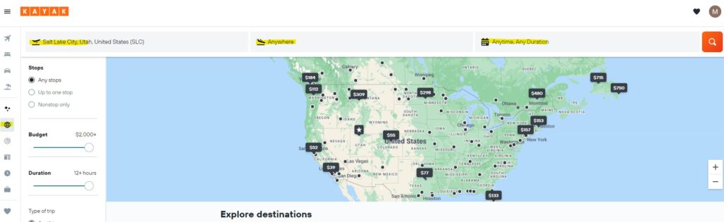 Kayak Flights Explore page: how to use it to find inexpensive flights from your home airport and dial in the location of your dream vacation.