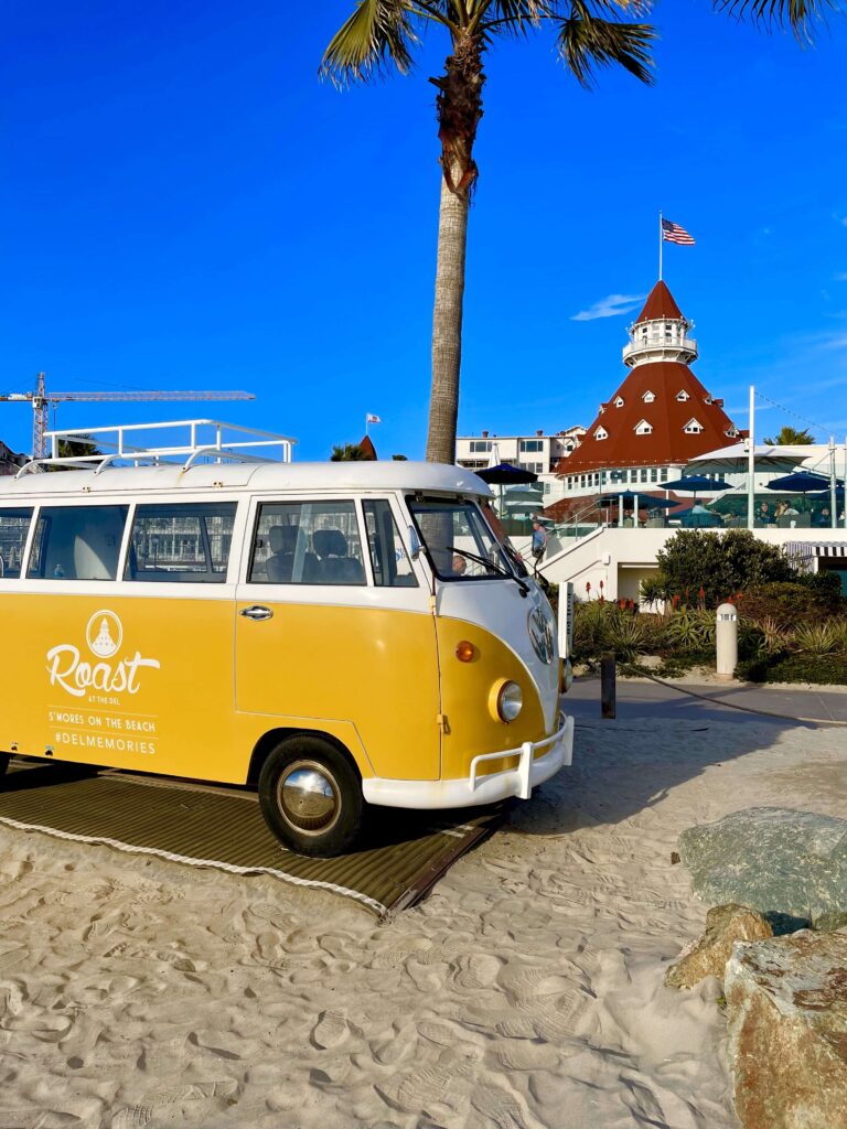 Hotel del Coronado and a Volkswagen bus on the beach