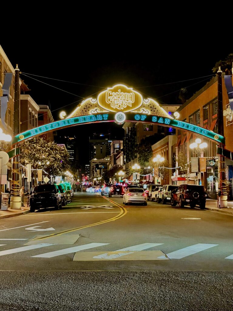 The Gaslamp Quarter sign lit up at night.  The Gaslamp is one of the best places to visit in San Diego 