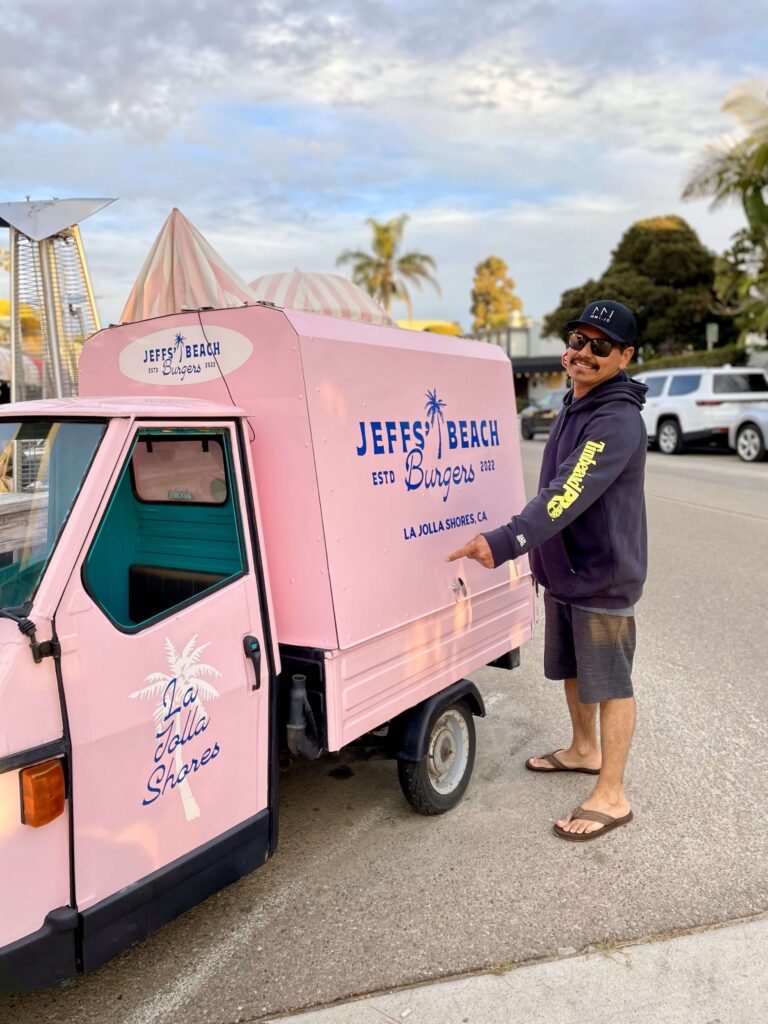 mario next to the Jeff's Beach Burgers truck in La Jolla